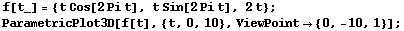 f[t_] = {t Cos[2Pi t], t Sin[2Pi t], 2t} ; ParametricPlot3D[f[t], {t, 0, 10}, ViewPoint {0, -10, 1}] ; 