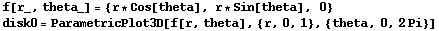 f[r_, theta_] = {r * Cos[theta], r * Sin[theta], 0} disk0 = ParametricPlot3D[f[r, theta], {r, 0, 1}, {theta, 0, 2Pi}] 