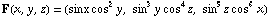 F(x, y, z) = (sinx cos^2y, sin^3y cos^4z, sin^5z cos^6x)