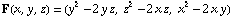 F(x, y, z) = (y^2 - 2y z, z^2 - 2x z, x^2 - 2x y)