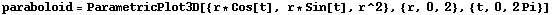 paraboloid = ParametricPlot3D[{r * Cos[t], r * Sin[t], r^2}, {r, 0, 2}, {t, 0, 2Pi}]