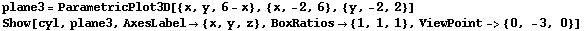 plane3 = ParametricPlot3D[{x, y, 6 - x}, {x, -2, 6}, {y, -2, 2}] Show[cyl, plane3, AxesLabel {x, y, z}, BoxRatios {1, 1, 1}, ViewPoint-> {0, -3, 0}] 