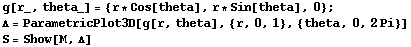 g[r_, theta_] = {r * Cos[theta], r * Sin[theta], 0} ; Δ = ParametricPlot3D[g[r, theta], {r, 0, 1}, {theta, 0, 2Pi}] S = Show[M, Δ] 