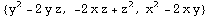 {y^2 - 2 y z, -2 x z + z^2, x^2 - 2 x y}