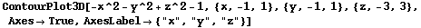 ContourPlot3D[-x^2 - y^2 + z^2 - 1, {x, -1, 1}, {y, -1, 1}, {z, -3, 3}, AxesTrue, AxesLabel {"x", "y", "z"}]
