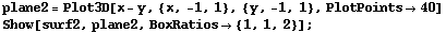 plane2 = Plot3D[x - y, {x, -1, 1}, {y, -1, 1}, PlotPoints40] Show[surf2, plane2, BoxRatios {1, 1, 2}] ; 