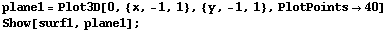 plane1 = Plot3D[0, {x, -1, 1}, {y, -1, 1}, PlotPoints40] Show[surf1, plane1] ; 