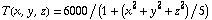 T(x, y, z) = 6000/(1 + (x^2 + y^2 + z^2)/5)