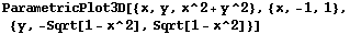 ParametricPlot3D[{x, y, x^2 + y^2}, {x, -1, 1}, {y, -Sqrt[1 - x^2], Sqrt[1 - x^2]}]