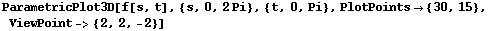 ParametricPlot3D[f[s, t], {s, 0, 2Pi}, {t, 0, Pi}, PlotPoints {30, 15}, ViewPoint-> {2, 2, -2}]