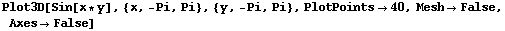 Plot3D[Sin[x * y], {x, -Pi, Pi}, {y, -Pi, Pi}, PlotPoints40, MeshFalse, AxesFalse]