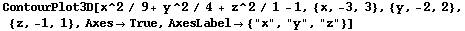 ContourPlot3D[x^2 / 9 + y^2 / 4 + z^2 / 1 - 1, {x, -3, 3}, {y, -2, 2}, {z, -1, 1}, AxesTrue, AxesLabel {"x", "y", "z"}]