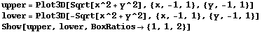 upper = Plot3D[Sqrt[x^2 + y^2], {x, -1, 1}, {y, -1, 1}] lower = Plot3D[-Sqrt[x^2 + y^2], {x, -1, 1}, {y, -1, 1}] Show[upper, lower, BoxRatios {1, 1, 2}] 