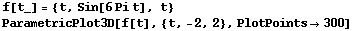 f[t_] = {t, Sin[6Pi t], t} ParametricPlot3D[f[t], {t, -2, 2}, PlotPoints300] 