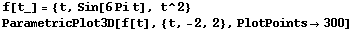 f[t_] = {t, Sin[6Pi t], t^2} ParametricPlot3D[f[t], {t, -2, 2}, PlotPoints300] 