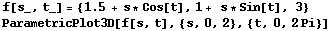 RowBox[{f[s_, t_], =, RowBox[{{, RowBox[{RowBox[{1.5,  , +,  , s * Cos[t]}], ,, 1 +   s * Sin[t], ,,  , 3}], }}]}] ParametricPlot3D[f[s, t], {s, 0, 2}, {t, 0, 2Pi}] 