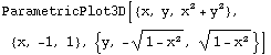 ParametricPlot3D[{x, y, x^2 + y^2}, {x, -1, 1}, {y, -(1 - x^2)^(1/2), (1 - x^2)^(1/2)}]