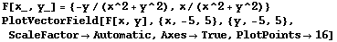F[x_, y_] = {-y/(x^2 + y^2), x/(x^2 + y^2)} PlotVectorField[F[x, y], {x, -5, 5}, {y, -5, 5}, ScaleFactorAutomatic, AxesTrue, PlotPoints16] 
