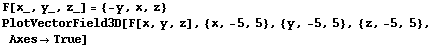 F[x_, y_, z_] = {-y, x, z} PlotVectorField3D[F[x, y, z], {x, -5, 5}, {y, -5, 5}, {z, -5, 5}, AxesTrue] 