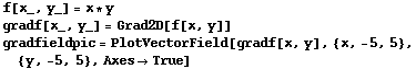 f[x_, y_] = x * y gradf[x_, y_] = Grad2D[f[x, y]] gradfieldpic = PlotVectorField[gradf[x, y], {x, -5, 5}, {y, -5, 5}, AxesTrue] 