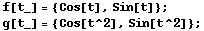 f[t_] = {Cos[t], Sin[t]} ; g[t_] = {Cos[t^2], Sin[t^2]} ; 