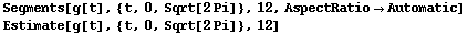 Segments[g[t], {t, 0, Sqrt[2Pi]}, 12, AspectRatioAutomatic] Estimate[g[t], {t, 0, Sqrt[2Pi]}, 12] 