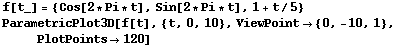 f[t_] = {Cos[2 * Pi * t], Sin[2 * Pi * t], 1 + t/5} ParametricPlot3D[f[t], {t, 0, 10}, ViewPoint {0, -10, 1},     PlotPoints120] 