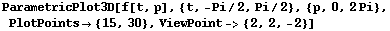ParametricPlot3D[f[t, p], {t, -Pi/2, Pi/2}, {p, 0, 2Pi}, PlotPoints {15, 30}, ViewPoint-> {2, 2, -2}]