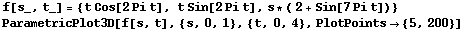 f[s_, t_] = {t Cos[2Pi t], t Sin[2Pi t], s * ( 2 + Sin[7Pi t])} <br /> ParametricPlot3D[f[s, t], {s, 0, 1}, {t, 0, 4}, PlotPoints {5, 200}] 