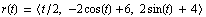 r(t) = 〈 t/2, -2 cos(t) + 6, 2sin(t) + 4 〉