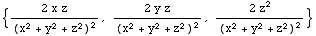 {(2 x z)/(x^2 + y^2 + z^2)^2, (2 y z)/(x^2 + y^2 + z^2)^2, (2 z^2)/(x^2 + y^2 + z^2)^2}