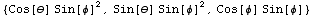 {Cos[θ] Sin[φ]^2, Sin[θ] Sin[φ]^2, Cos[φ] Sin[φ]}